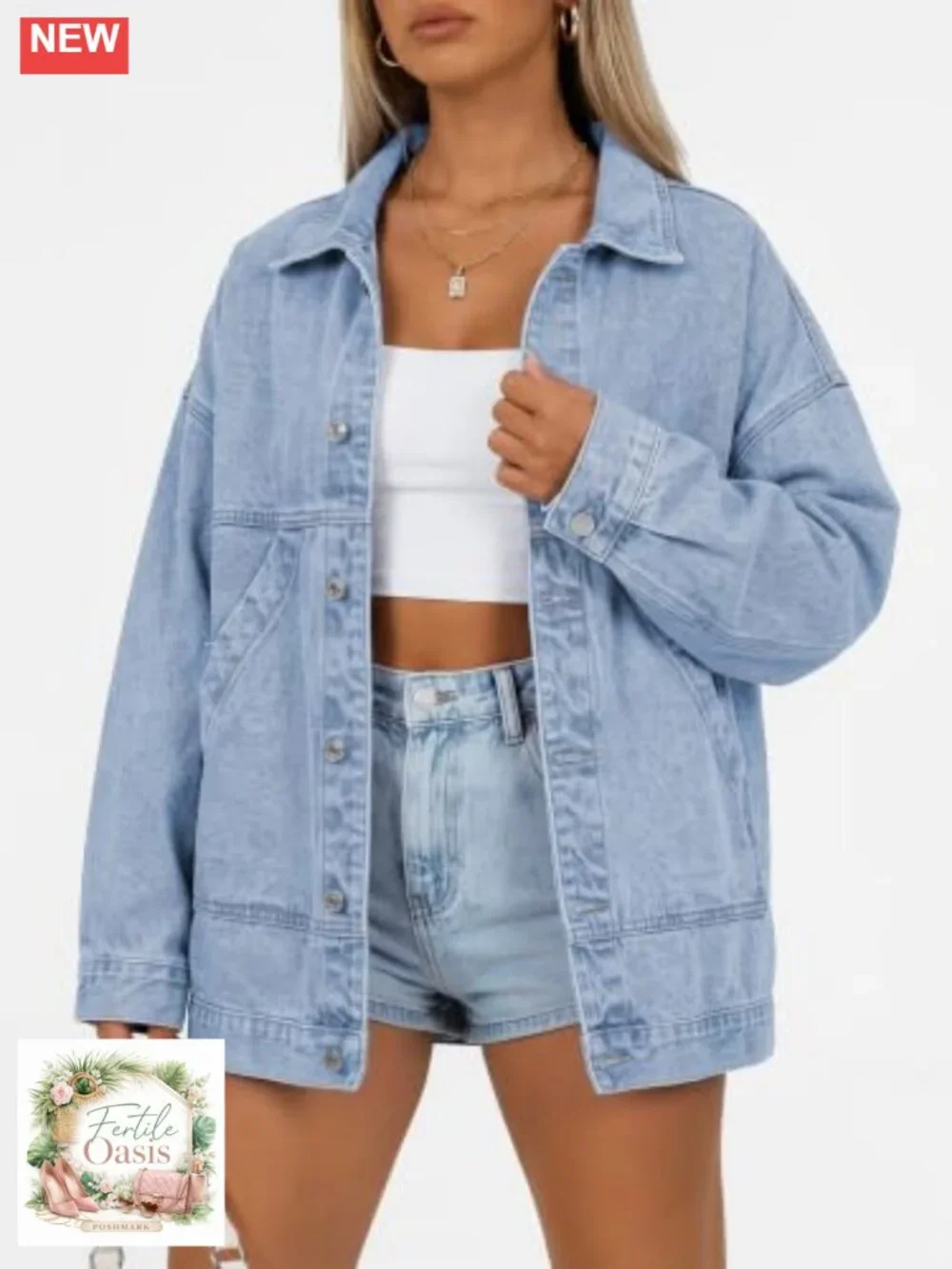Women's Oversized Denim Jacket Boyfriend Fit Cotton Trucker Coat